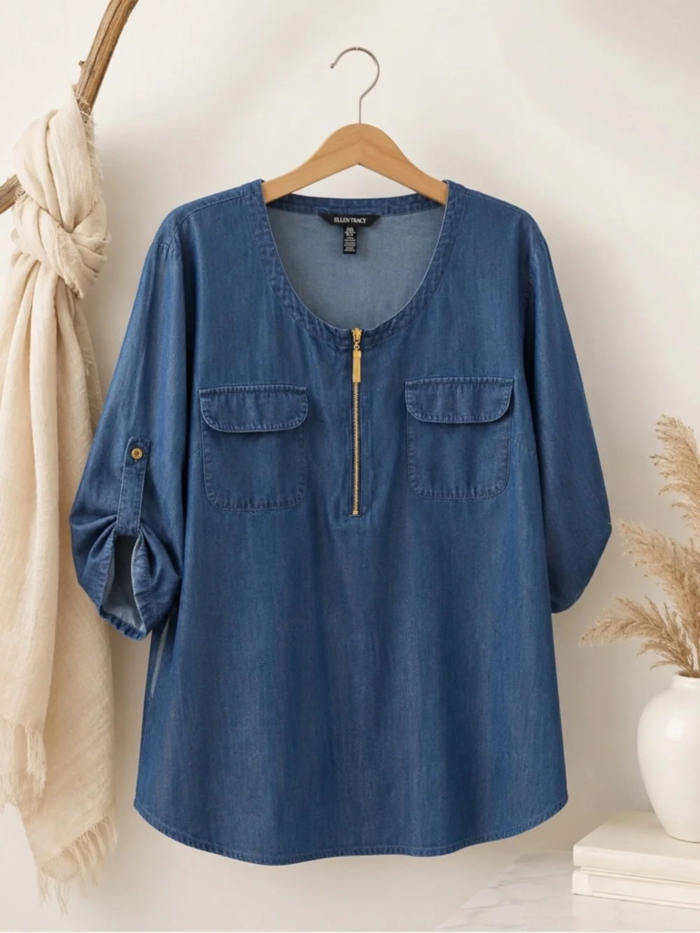 Ellen Tracy XL 100% Tencel Lyocell Chambray Zip Front Roll Tab Sleeve Blouse - Picture 1 of 4
